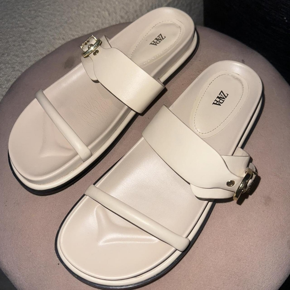 Zara Off-White Slide Sandals with Gold Buckle